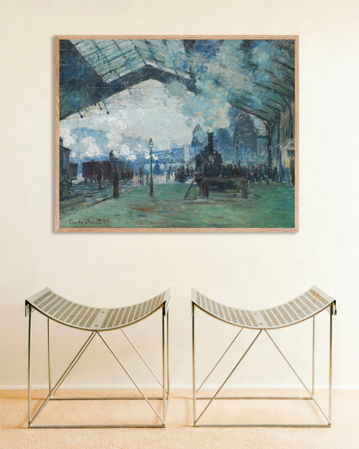 Poster Chegada do Comboio da Normandia, Gare Saint-Lazare (1877), de Claude Monet, com moldura de madeira natural