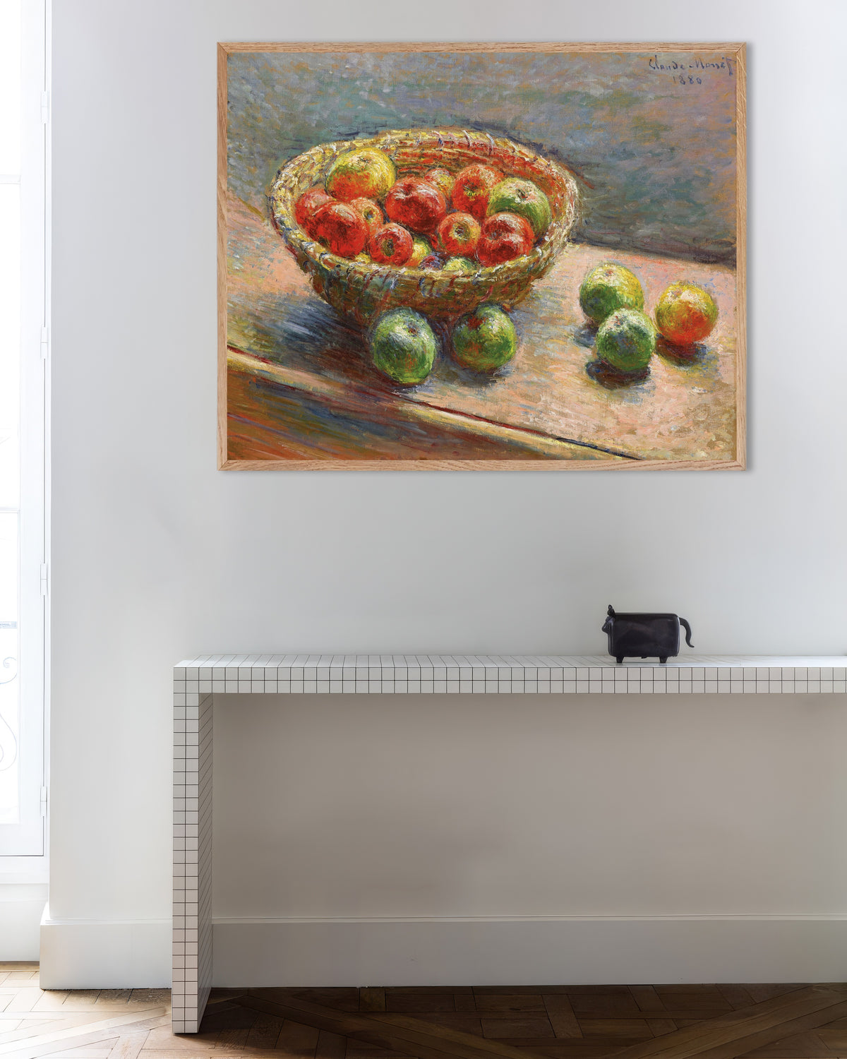 Poster O Cesto de Maçãs (1880), de Claude Monet, com moldura de madeira natural