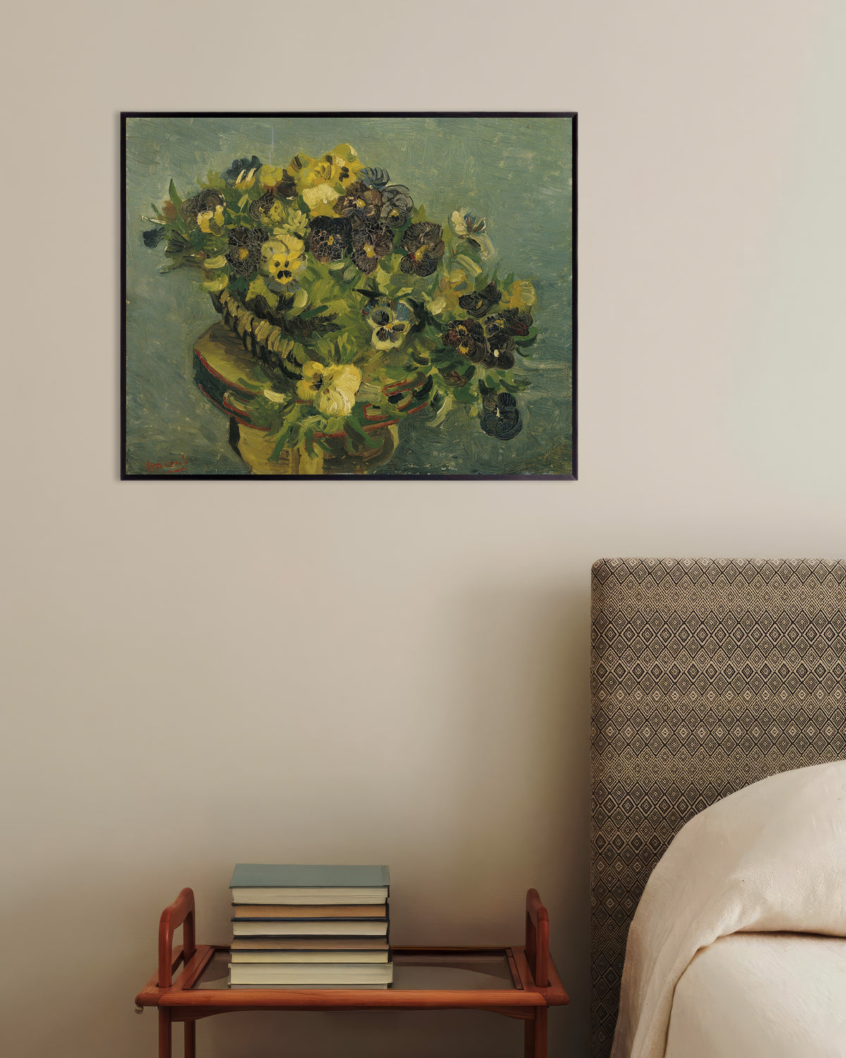 Poster de Cesto de Amores-perfeitos sobre uma Pequena Mesa (1887), de Vincent van Gogh, com moldura metálica