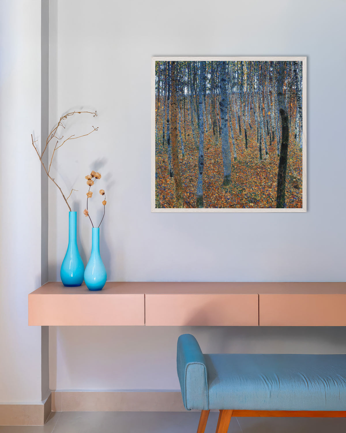 Poster Bosque de Faias I (1902), de Gustav Klimt, com moldura de madeira branca