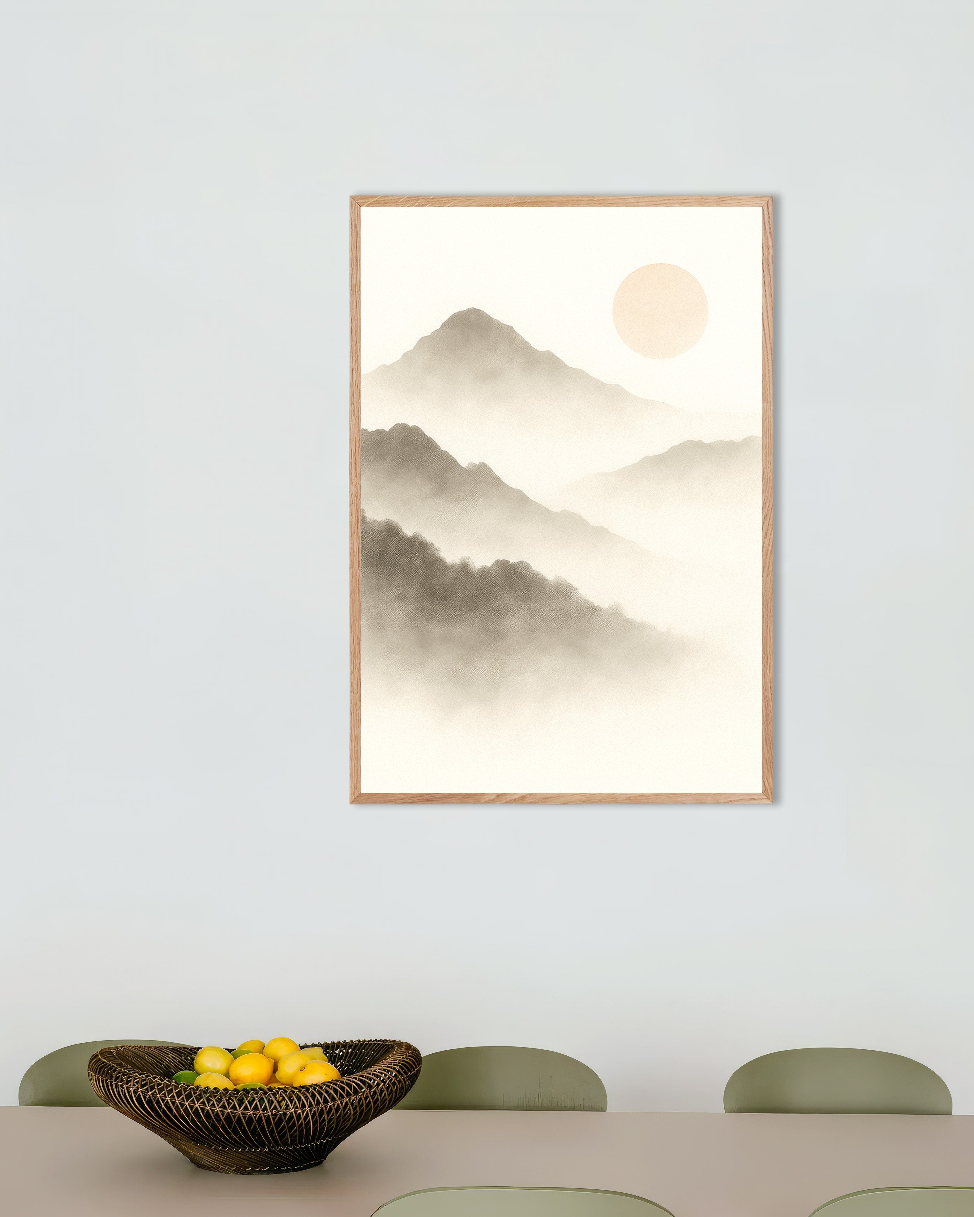 Poster of Beige mountain landscape art print, with natural wooden frame