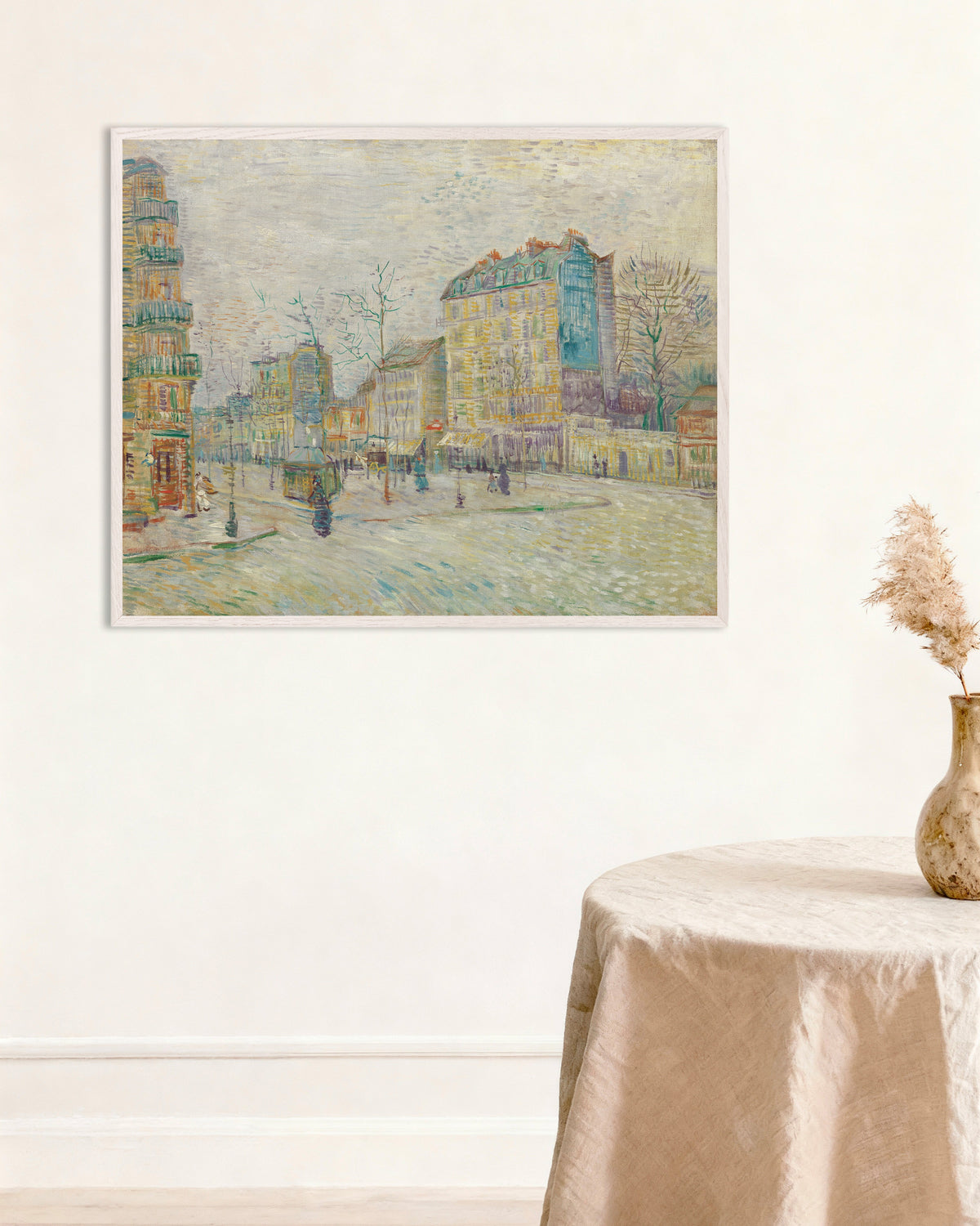 Poster de Boulevard de Clichy (1887), de Vincent van Gogh, com moldura de madeira branca