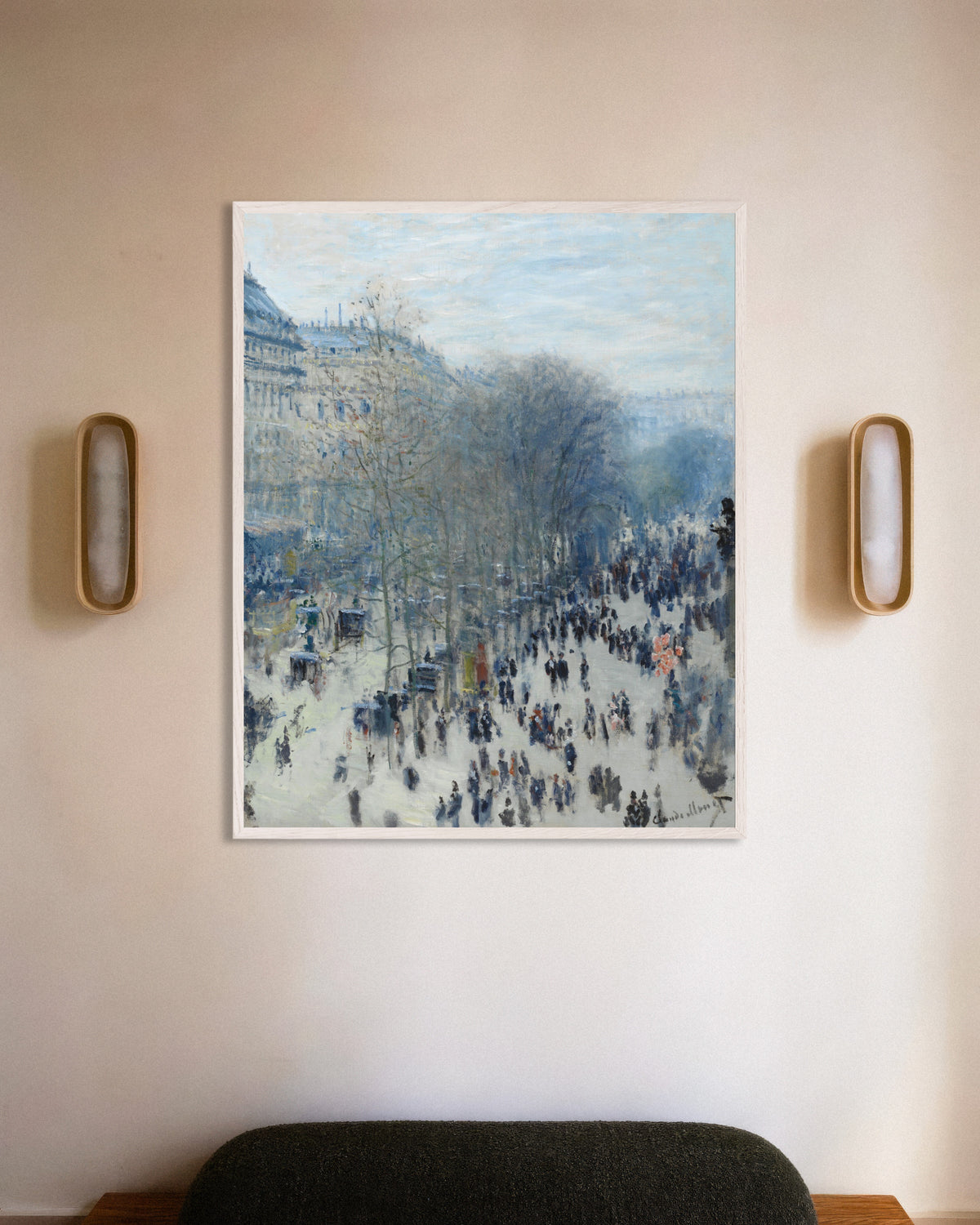 Poster Boulevard des Capucines (1873–1874), de Claude Monet, com moldura de madeira branca