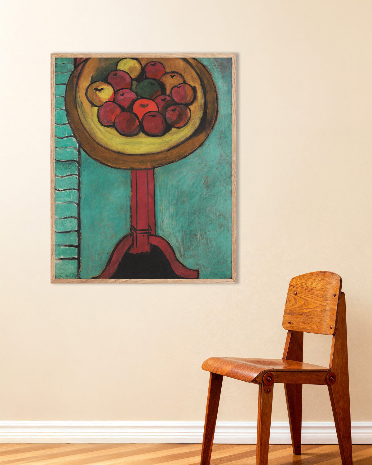 Poster de Taça de maçãs sobre uma mesa (1916), de Henri Matisse, com moldura de madeira natural