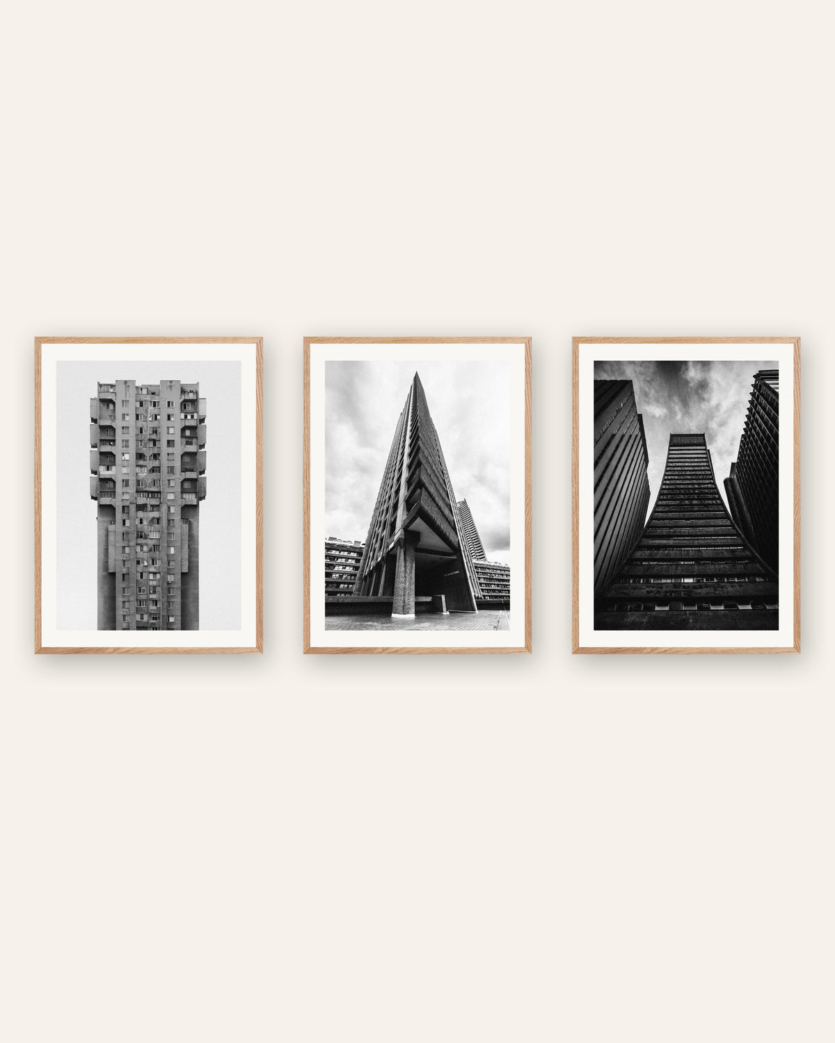 Posters brutalistas, conjunto de 3: torres de betão, com molduras de carvalho natural