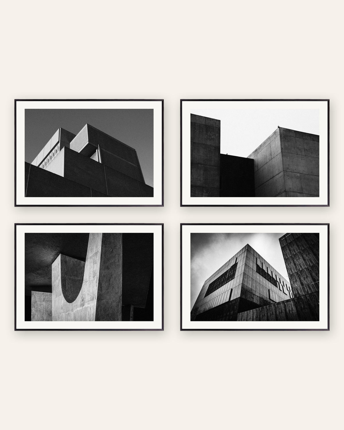 Posters brutalistas, conjunto de 4: volumes de betão minimalistas, com molduras de metal preto
