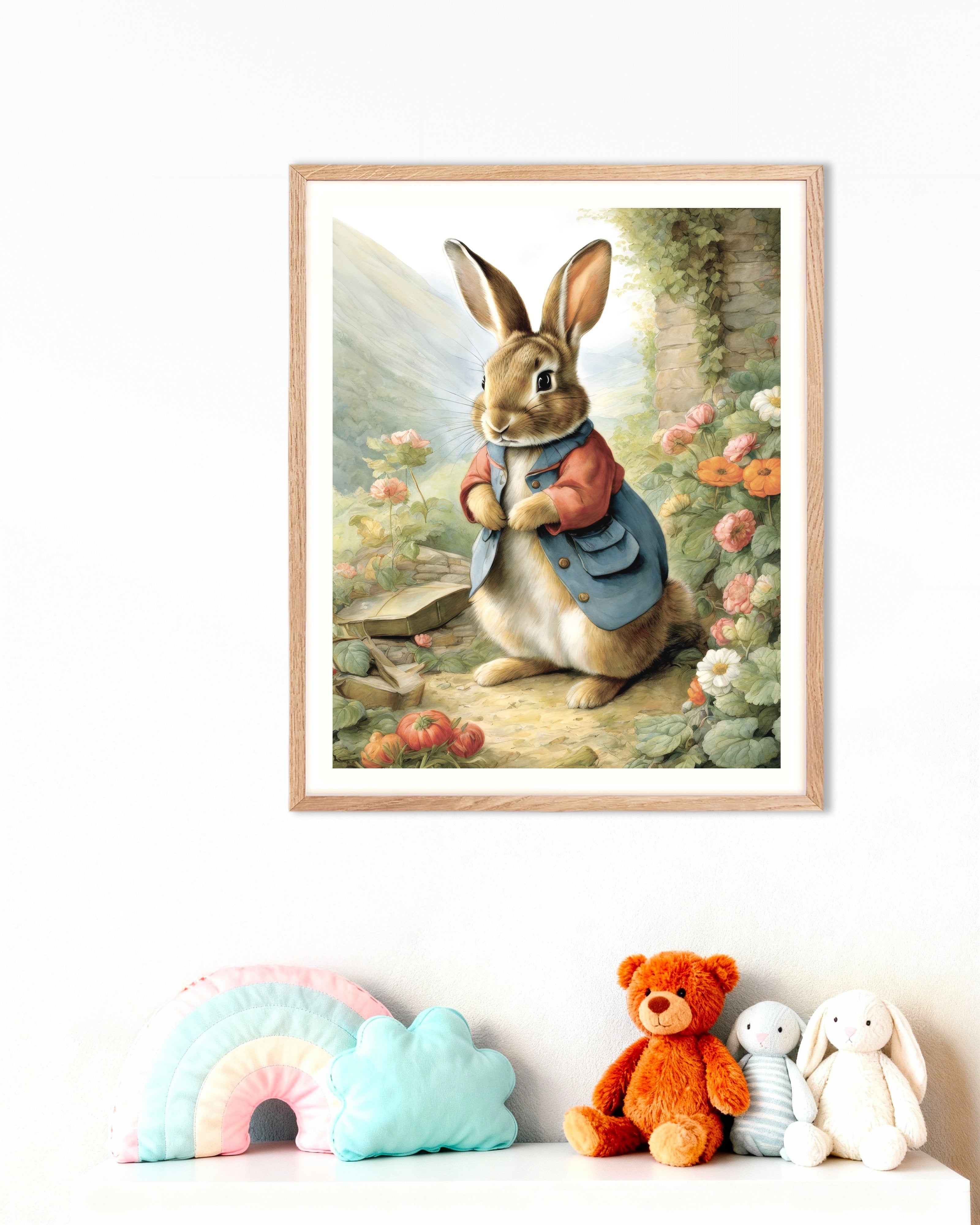 Poster of Charming tales, delicate British watercolors, Rabbit - Poster, with natural wooden frame