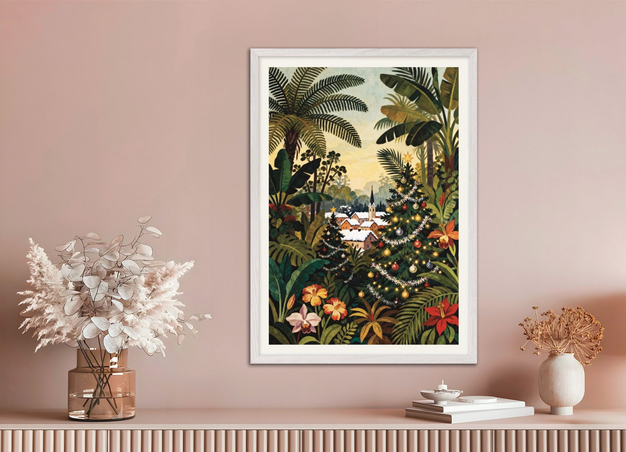 Poster of Christmas village poster, with white wooden frame