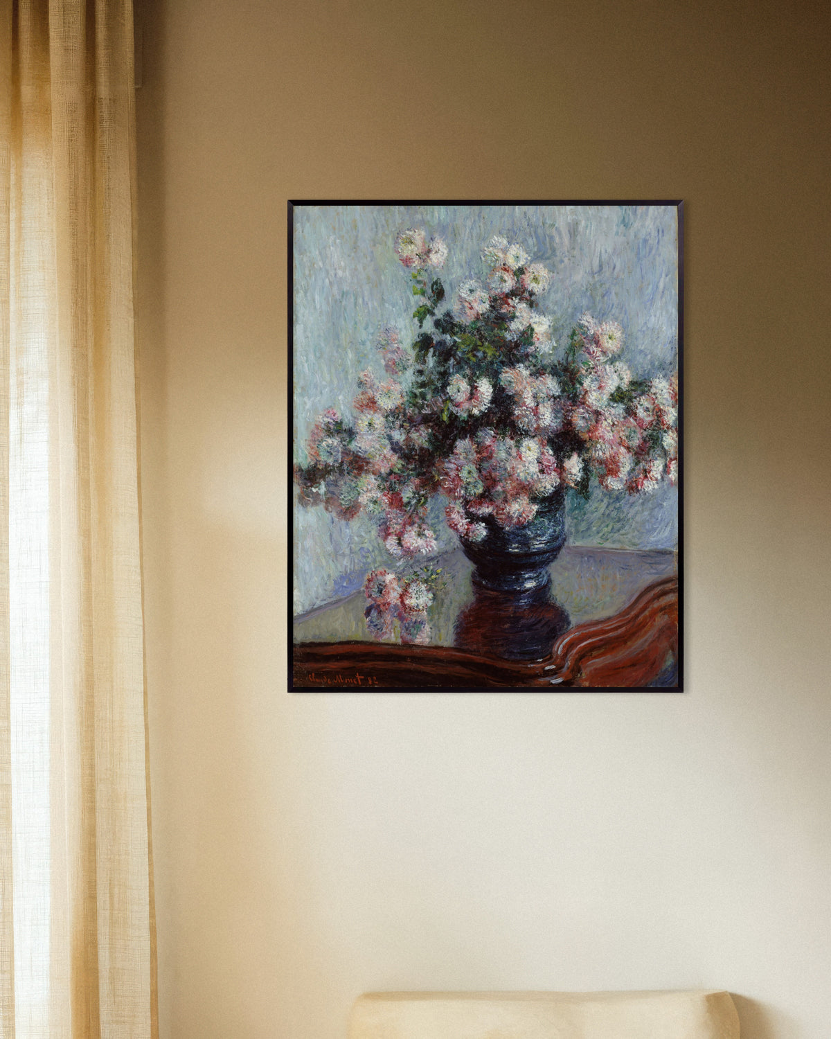 Poster Crisântemos (1882), de Claude Monet, com moldura de metal