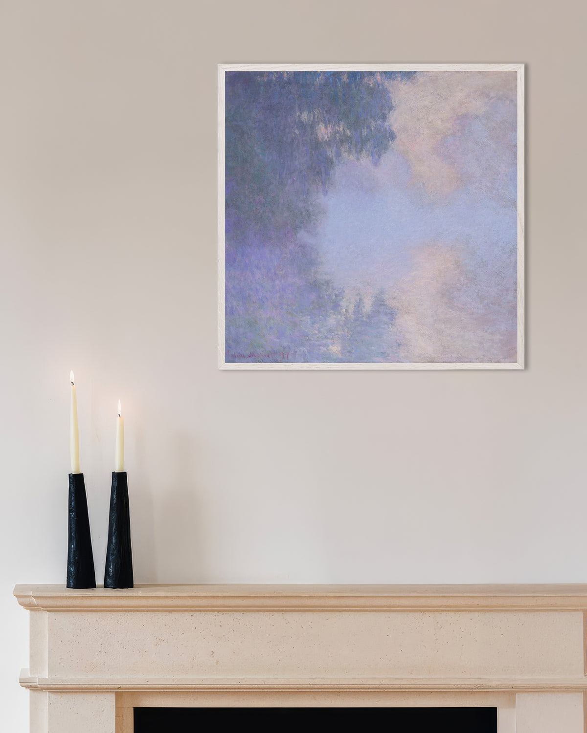 Poster Braço do Sena perto de Giverny, Névoa (1897), de Claude Monet, com moldura de madeira branca