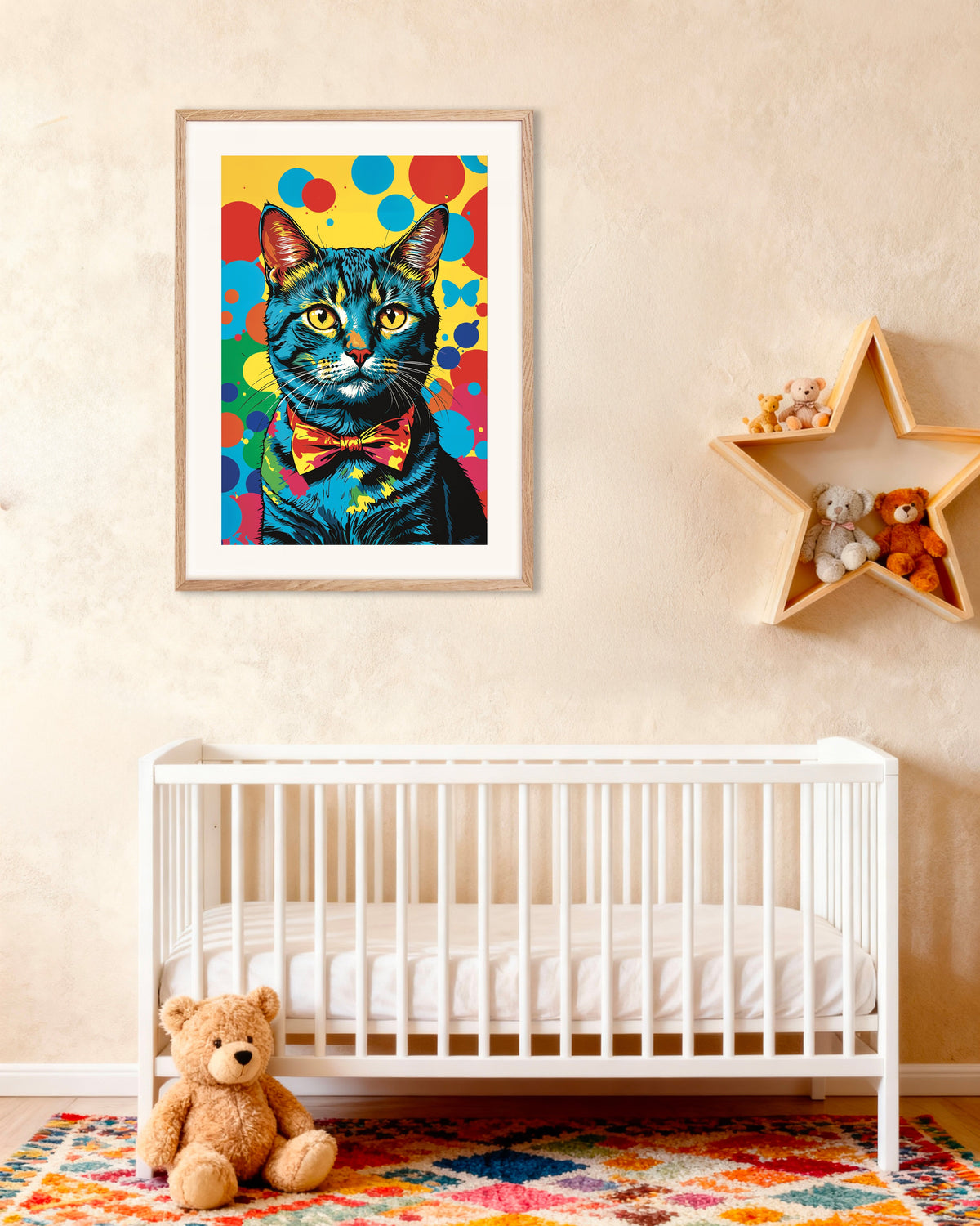 Poster Gato colorido, com moldura de madeira natural