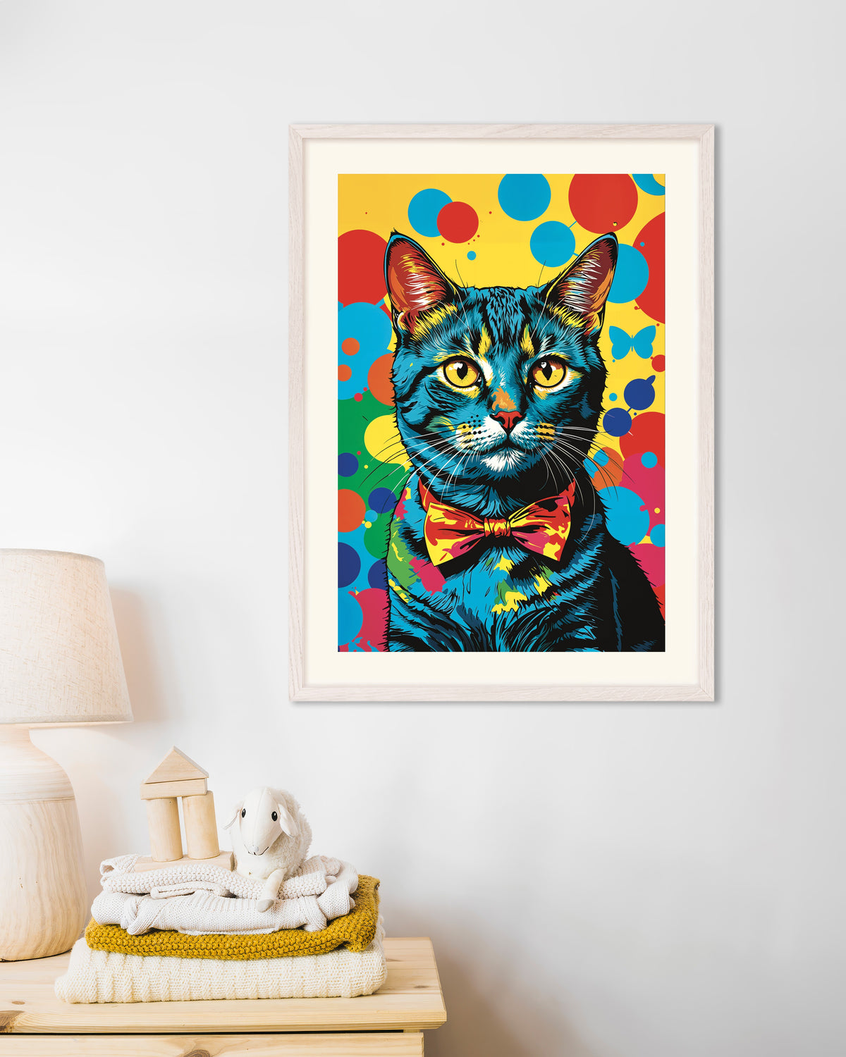 Poster Gato colorido, com moldura de madeira branca
