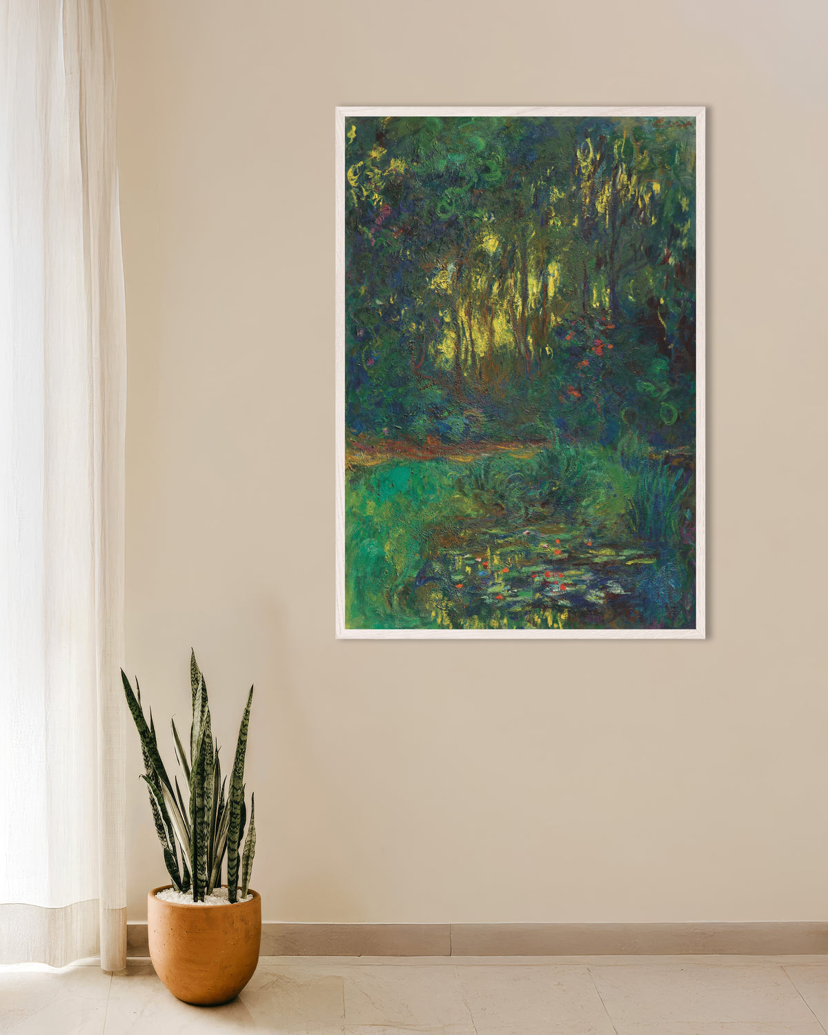 Poster Recanto do Lago dos Nenúfares (1918–1919), de Claude Monet, com moldura de madeira branca