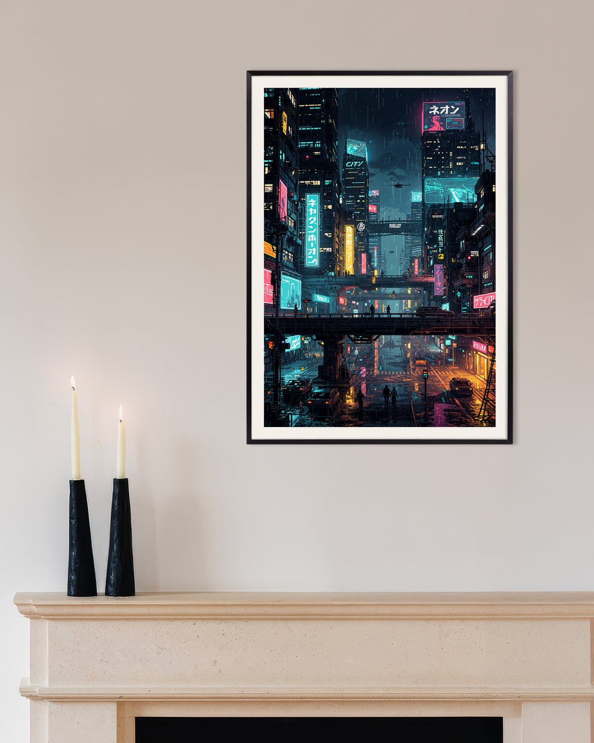 Poster of Cyberpunk Japanese City Pixel Art - Poster, with metal frame