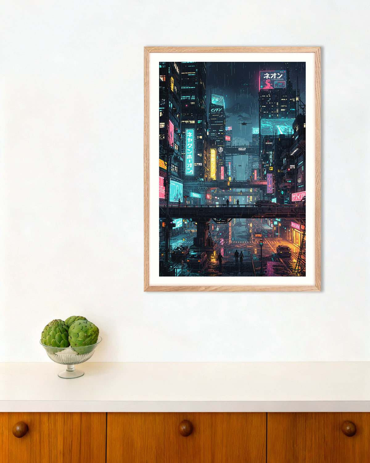 Poster of Cyberpunk Japanese City Pixel Art - Poster, with natural wooden frame