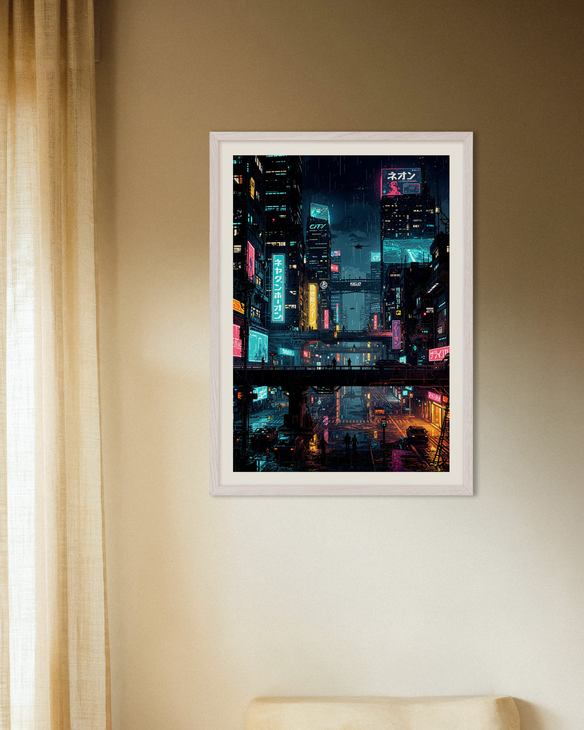 Poster of Cyberpunk Japanese City Pixel Art - Poster, with white wooden frame
