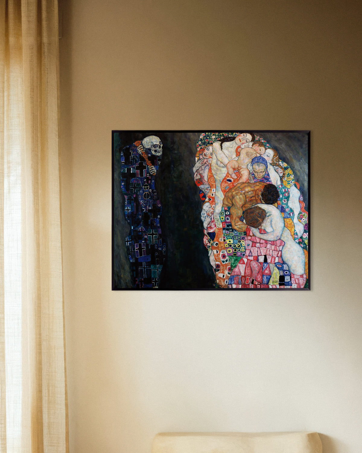 Poster de Morte e Vida (1910–1915), de Gustav Klimt, com moldura metálica