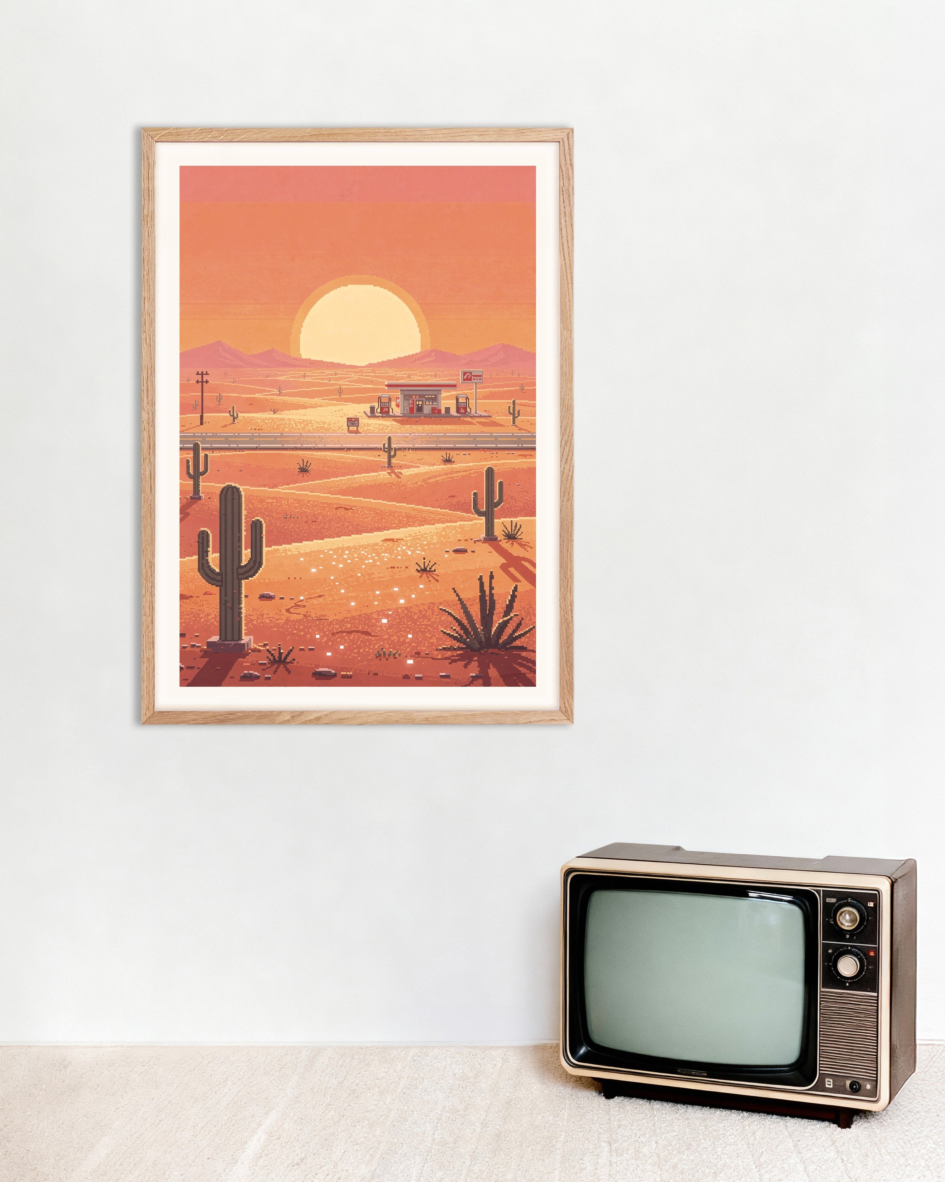 Poster of Desert Gas Station at Sunset - Pixel Art Poster, with natural wooden frame