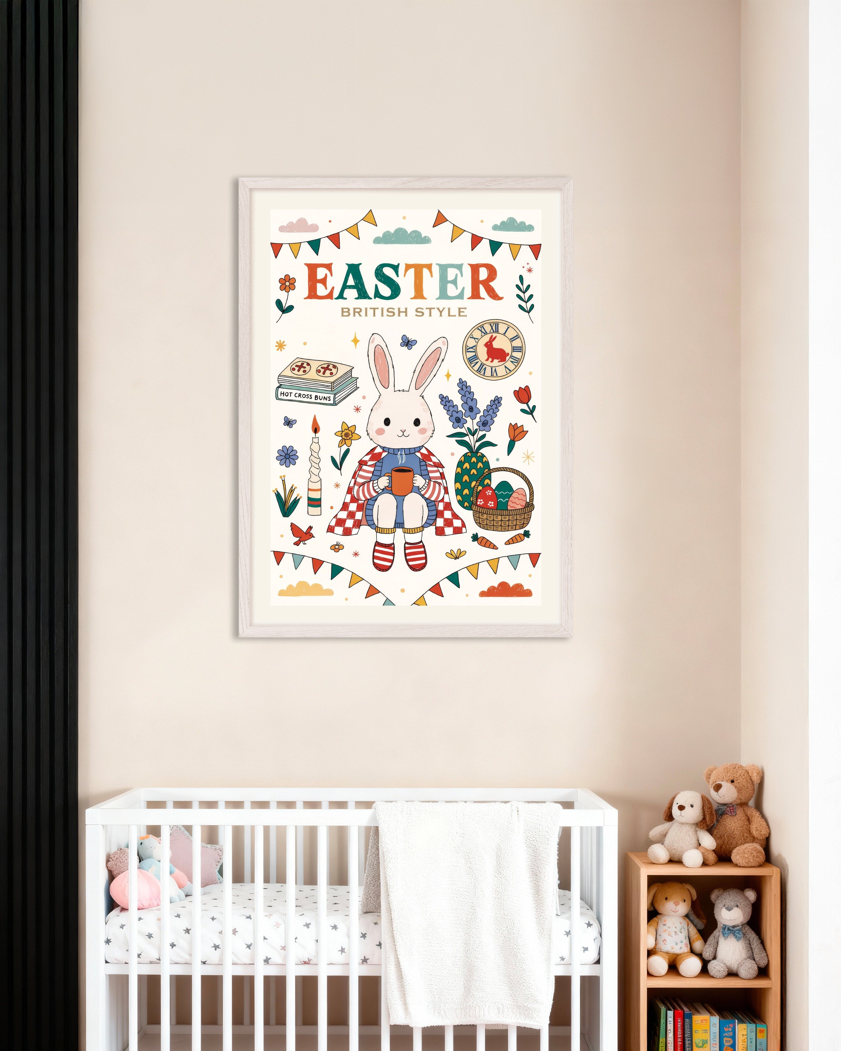 Poster of Easter British Style Bunny Poster, with white wooden frame