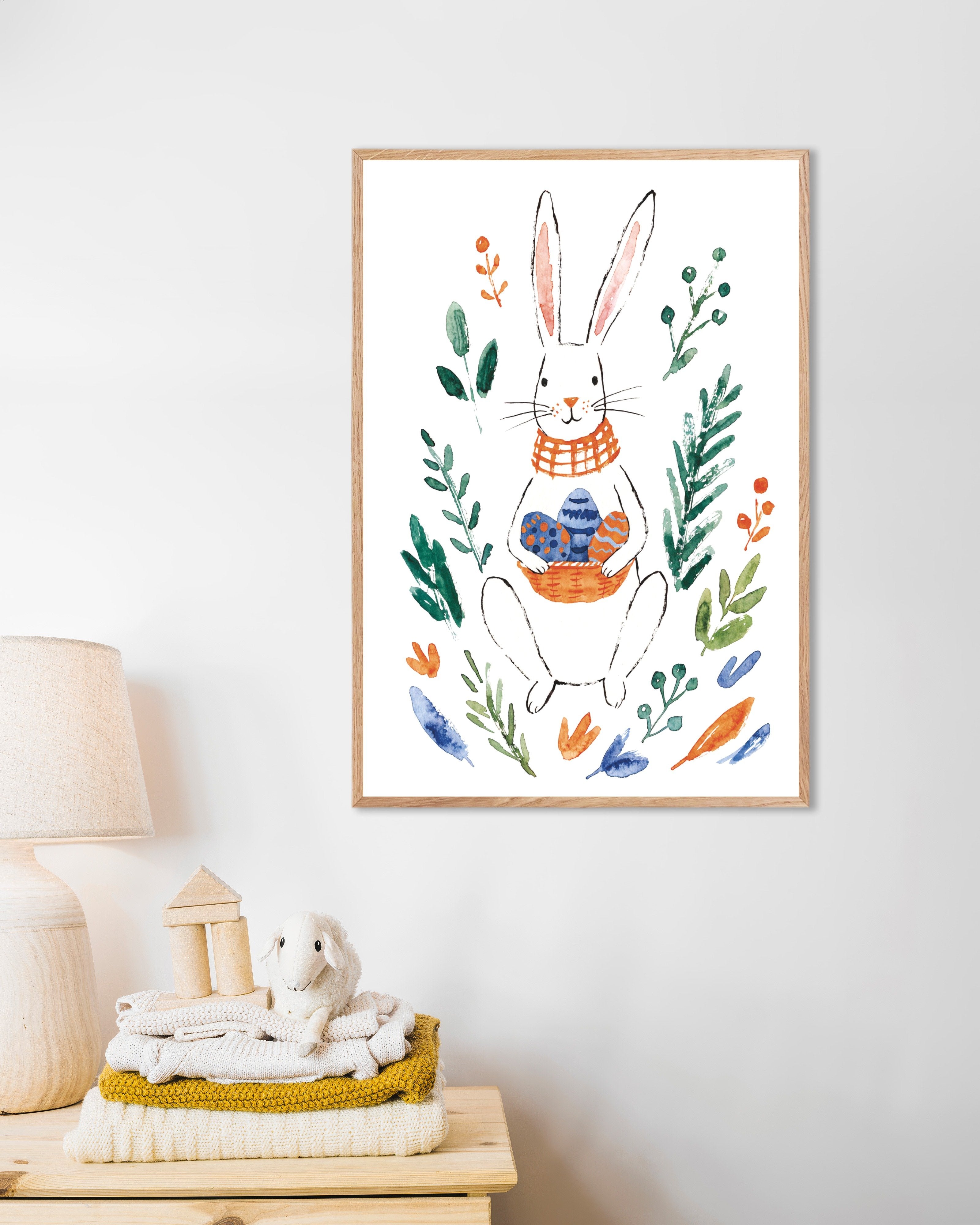 Poster of Easter Bunny with Eggs, Watercolor Poster, with natural wooden frame