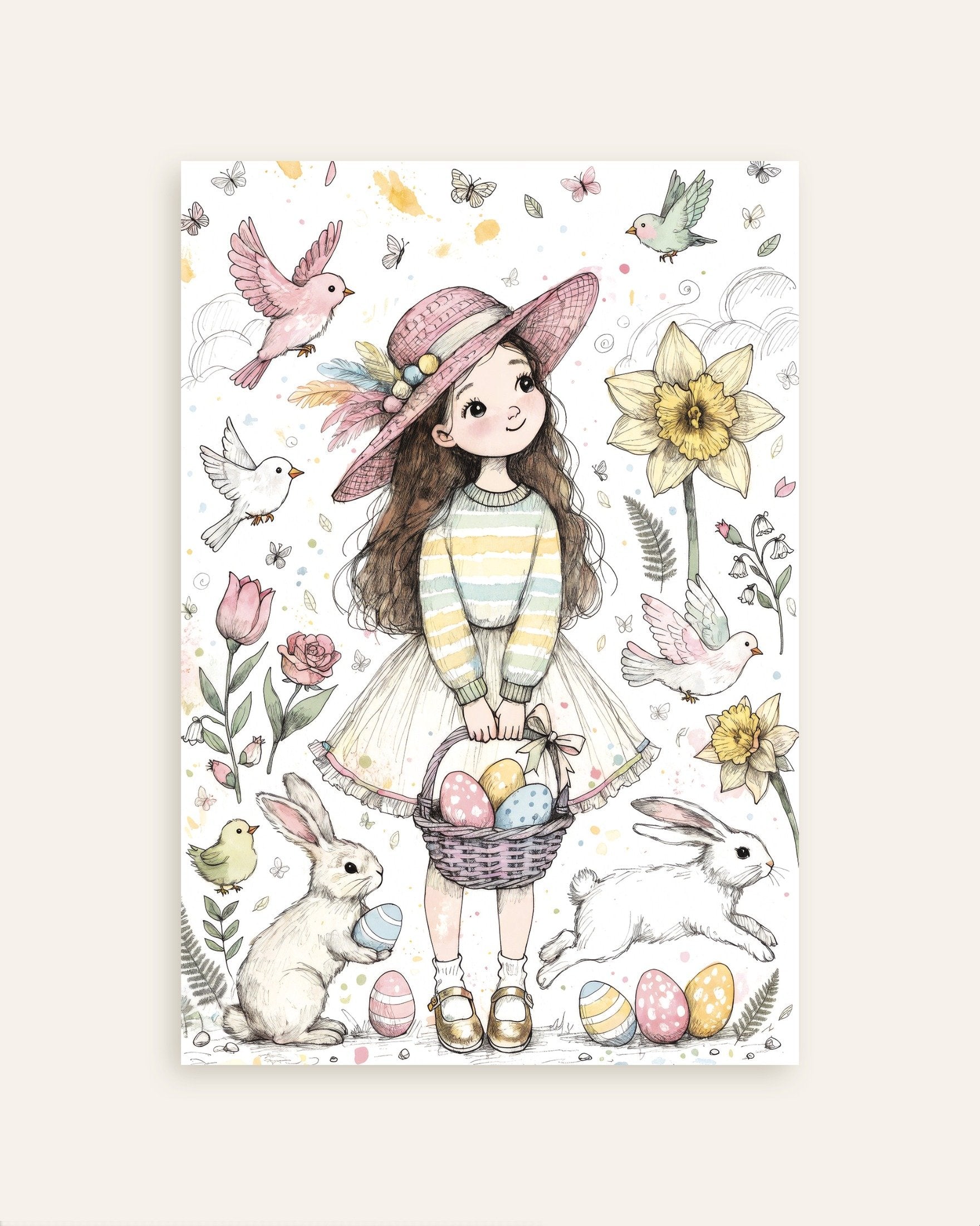 Poster of Easter Girl, Bunnies and Eggs - Pastel Spring Poster, thumbnail