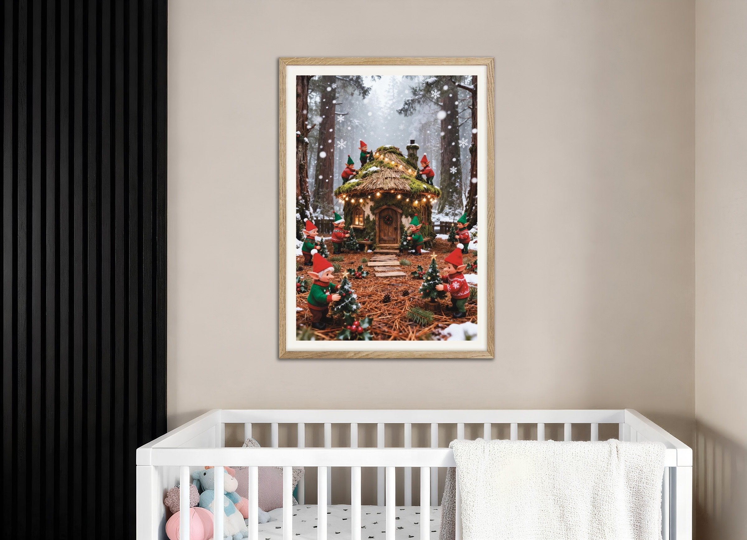 Poster of Elves decorating the enchanted forest house poster, with natural wooden frame