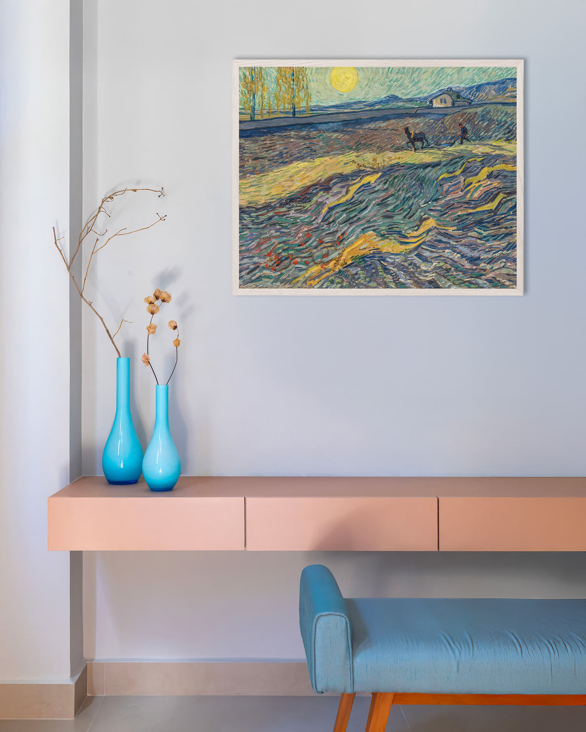 Poster de Campo vedado com lavrador (1889), de Vincent van Gogh, com moldura de madeira branca