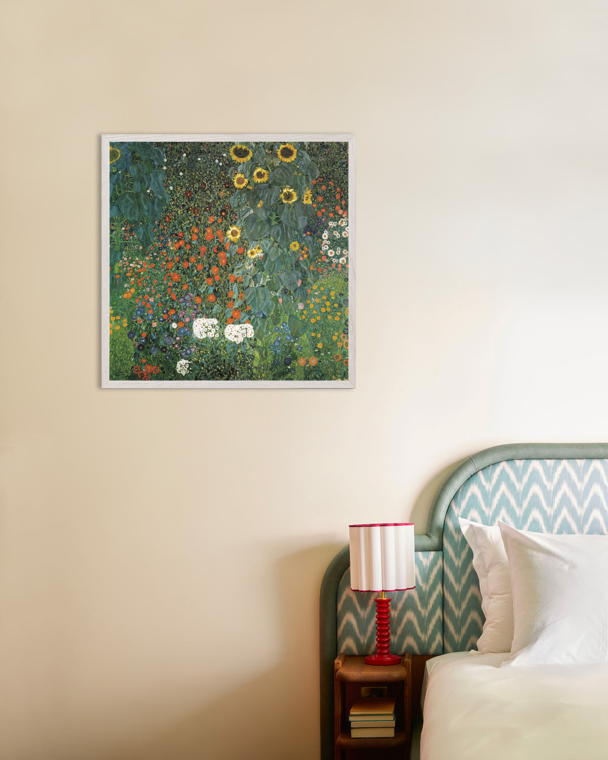 Poster Jardim Rústico com Girassóis (1907), de Gustav Klimt, com moldura de madeira branca