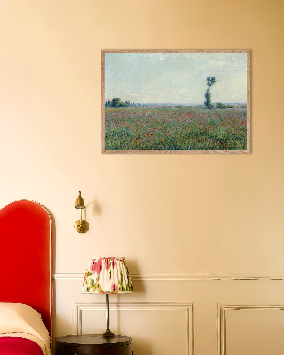 Poster Campo de Papoilas, de Claude Monet, com moldura de madeira natural