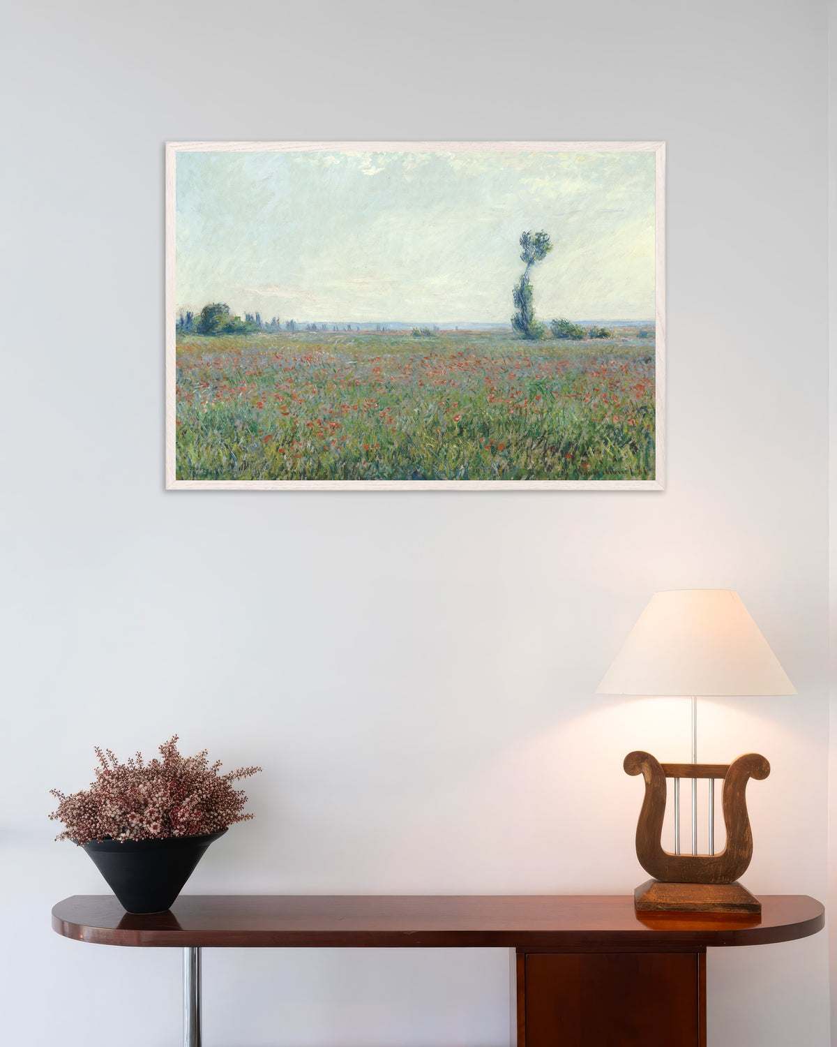 Poster Campo de Papoilas, de Claude Monet, com moldura de madeira branca