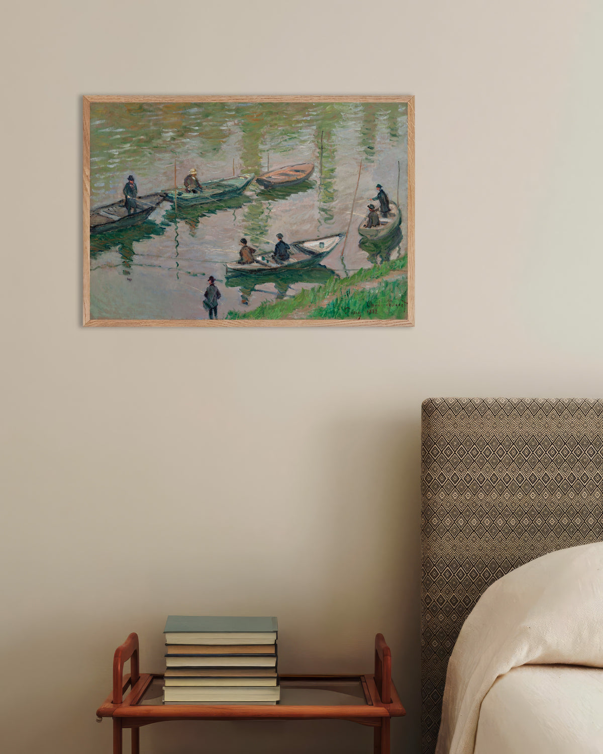 Poster Pescadores no Sena em Poissy (1882), de Claude Monet, com moldura de madeira natural