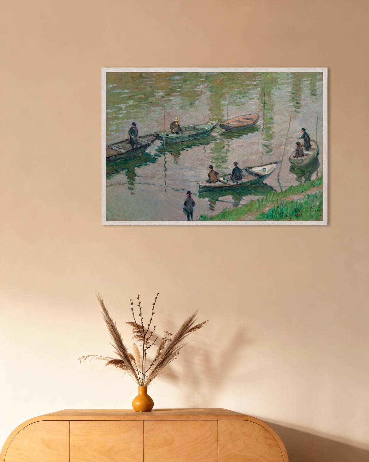 Poster Pescadores no Sena em Poissy (1882), de Claude Monet, com moldura de madeira branca