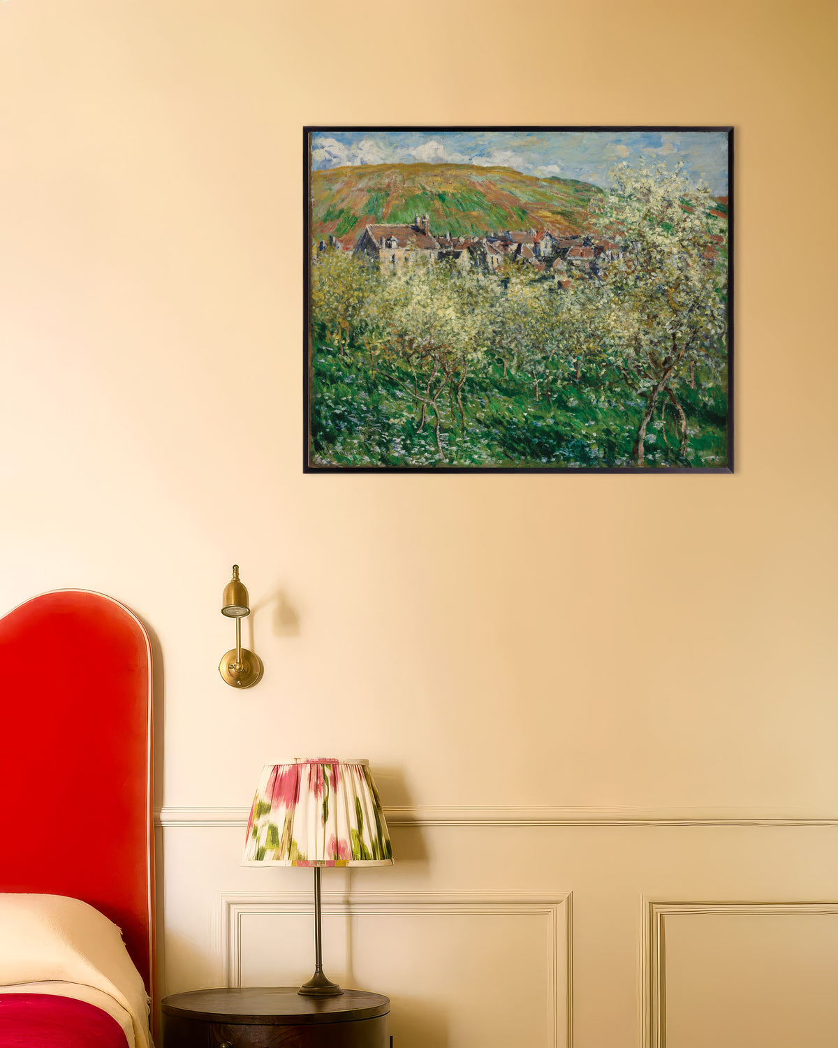 Poster Ameixoeiras em Flor (1879), de Claude Monet, com moldura de metal