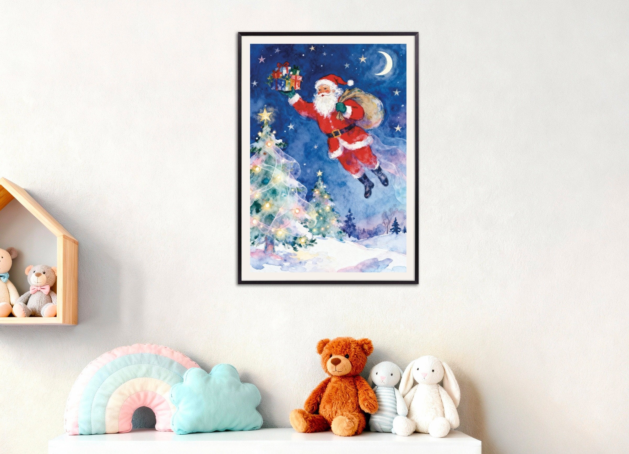 Poster of Flying Santa watercolor poster, with metal frame