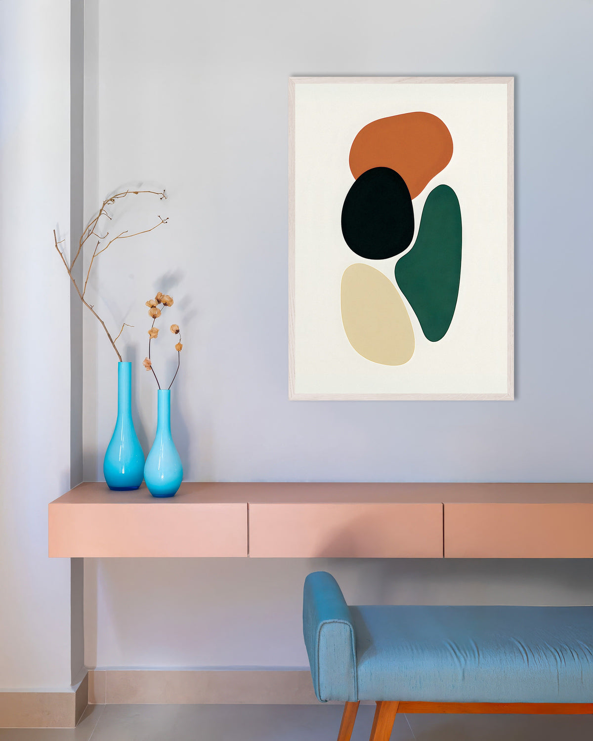 Poster Quatro formas orgânicas – poster abstrato minimalista, com moldura de madeira branca