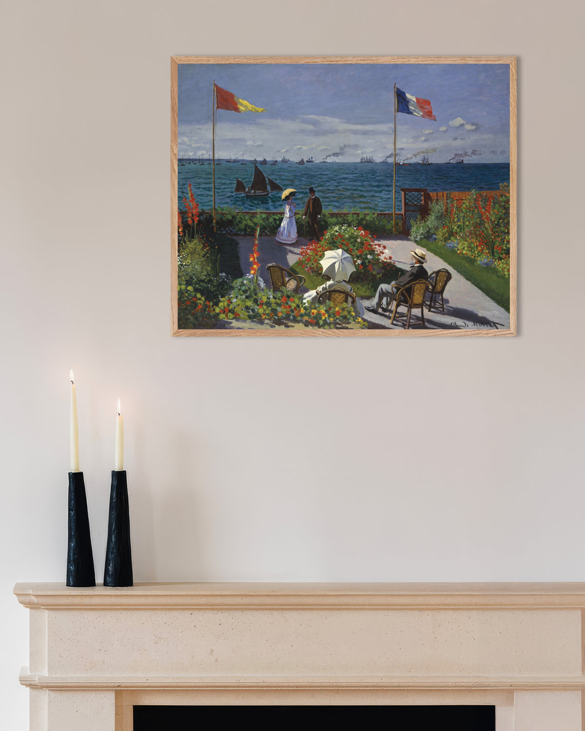 Poster Jardim em Sainte-Adresse (1867), de Claude Monet, com moldura de madeira natural