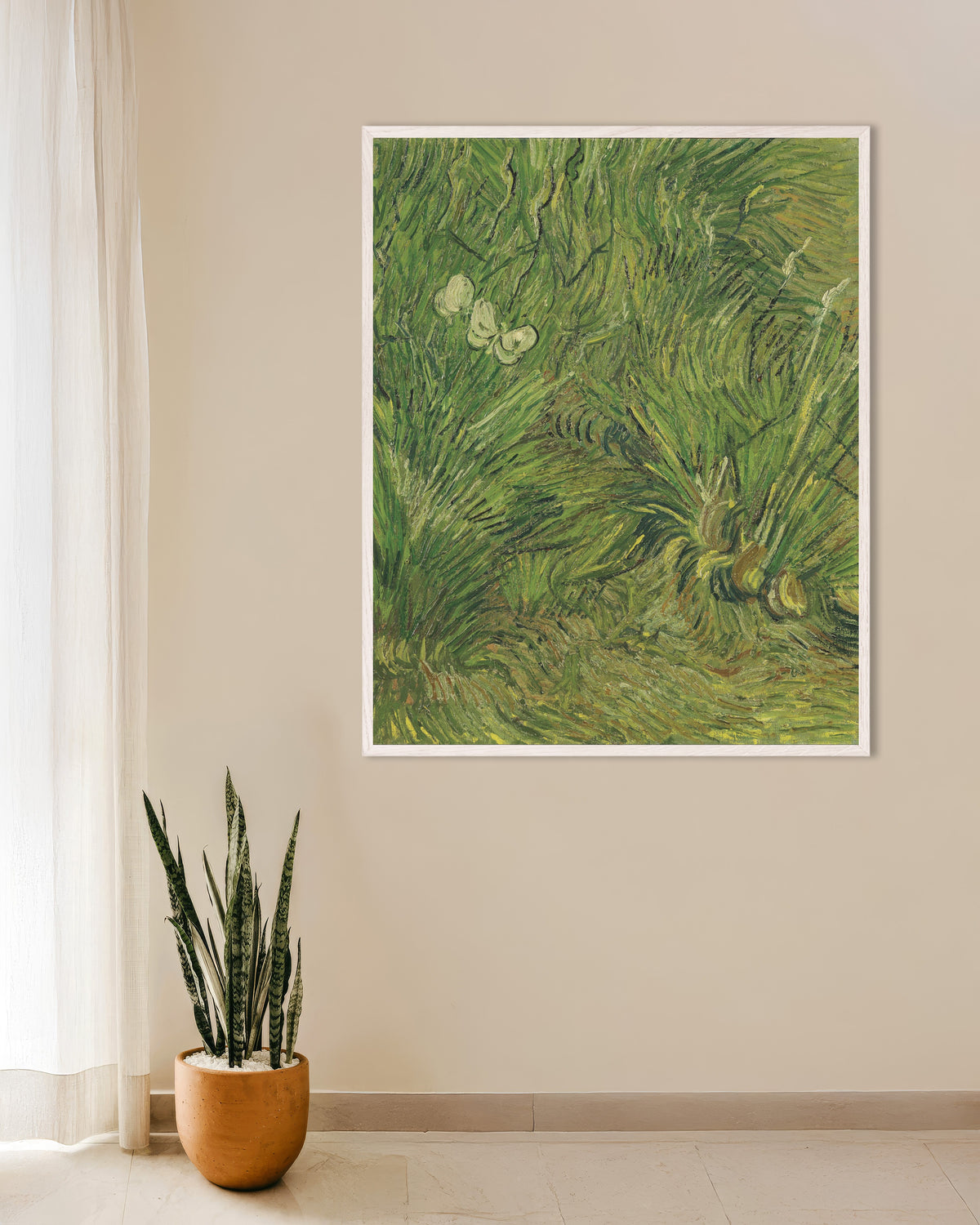 Poster de Jardim com Borboletas (1889), de Vincent van Gogh, com moldura de madeira branca