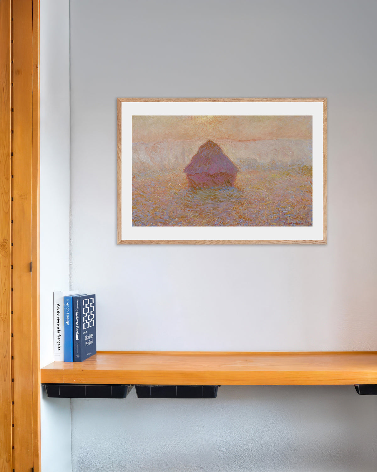 Poster Meda, Sol na Névoa (1891), de Claude Monet, com moldura de madeira natural