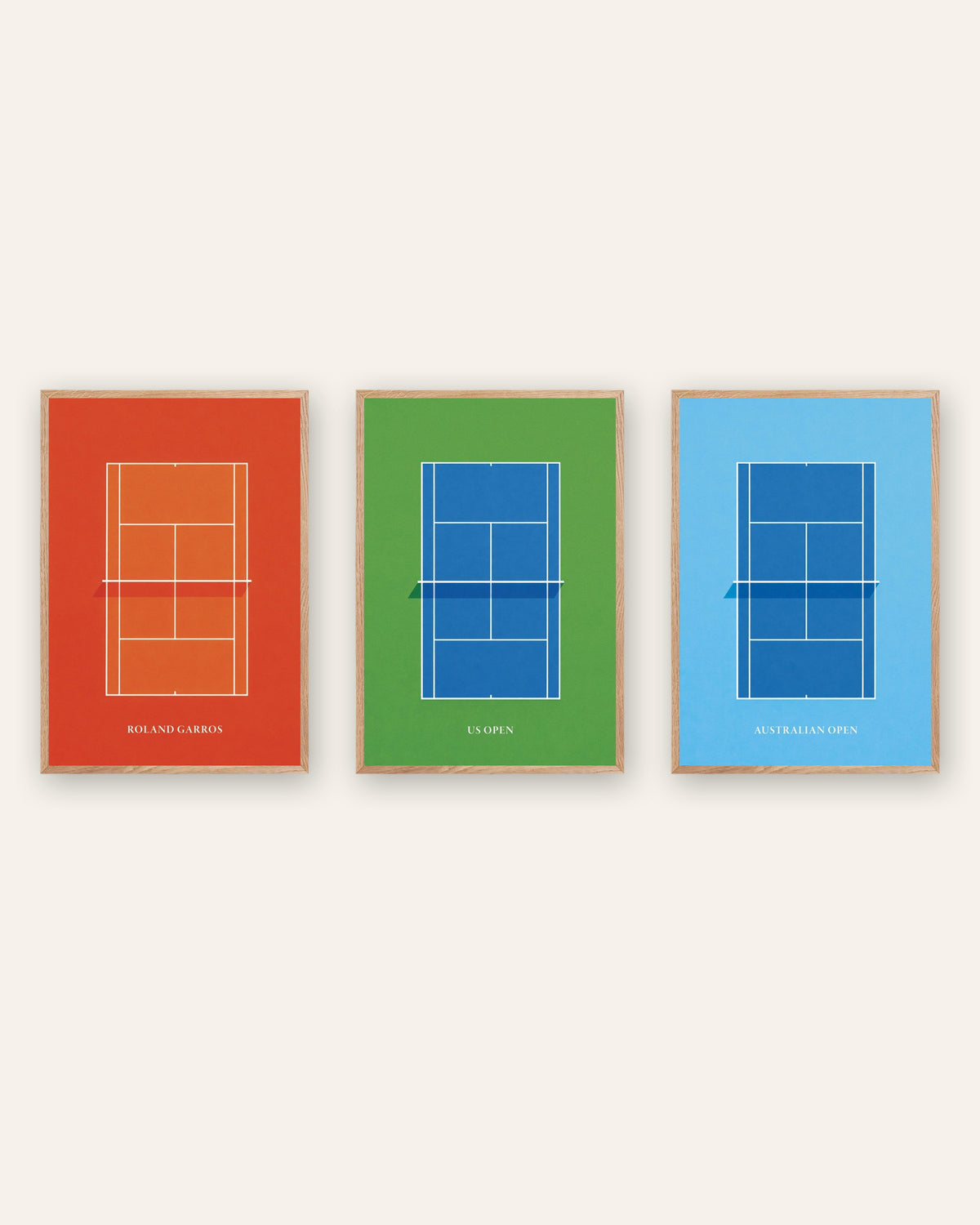 Posters de ténis Grand Slam, conjunto de 3: Roland Garros, US Open e Open da Austrália, com molduras de carvalho natural