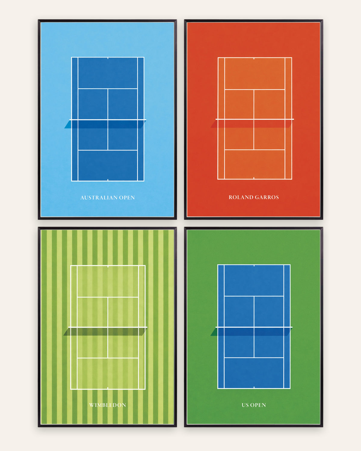 Posters de ténis Grand Slam, conjunto de 4: Open da Austrália, Roland Garros, Wimbledon e US Open, com molduras de metal preto