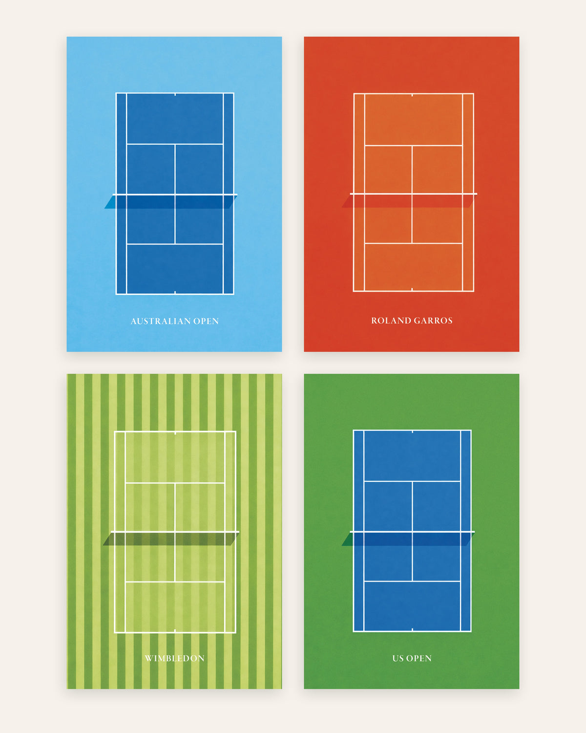 Posters de ténis Grand Slam, conjunto de 4: Open da Austrália, Roland Garros, Wimbledon e US Open, sem moldura