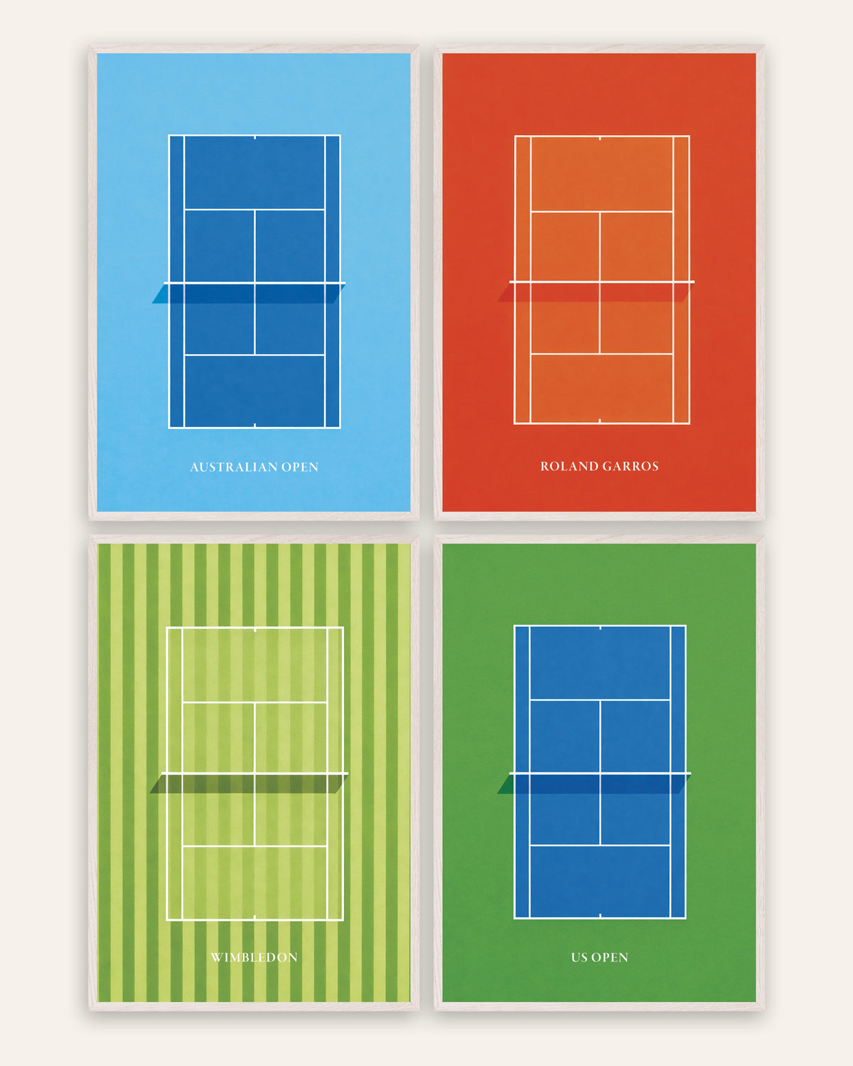Posters de ténis Grand Slam, conjunto de 4: Open da Austrália, Roland Garros, Wimbledon e US Open, com molduras de carvalho branco