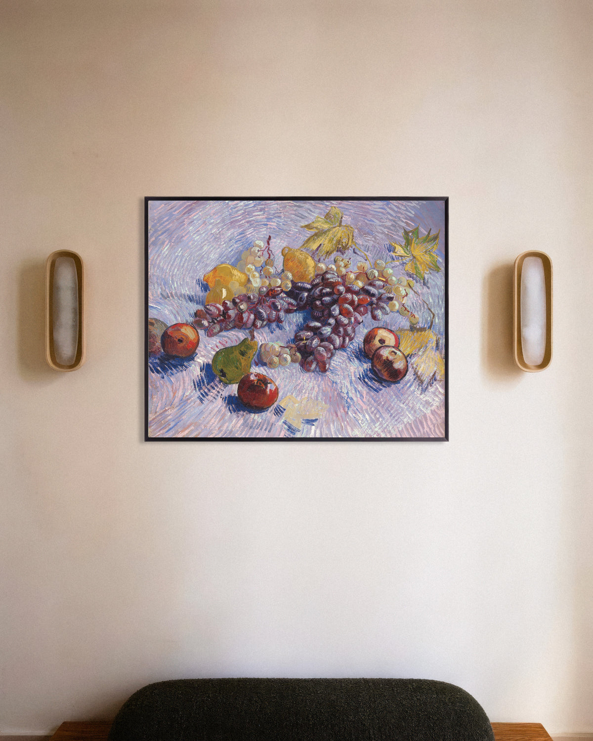 Poster de Uvas, limões, peras e maçãs (1887), de Vincent van Gogh, com moldura metálica