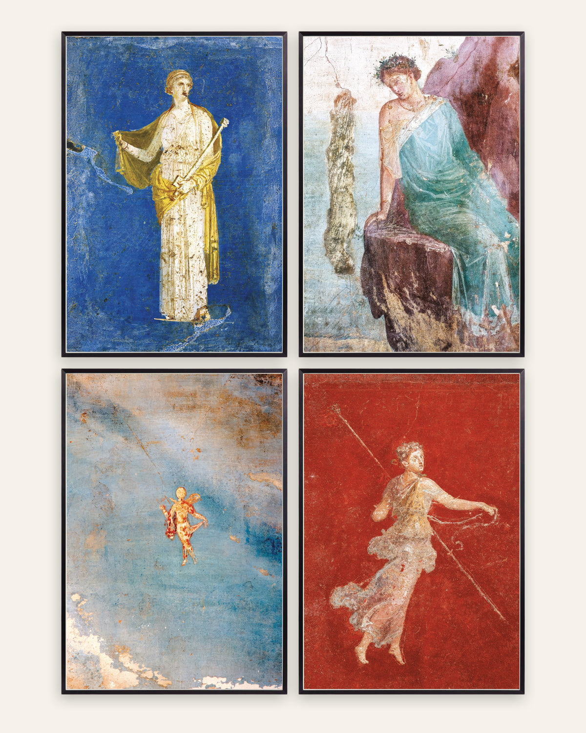 Posters de frescos romanos, conjunto de 4: Medeia, Ícaro, Psique e ménade, com molduras de metal preto