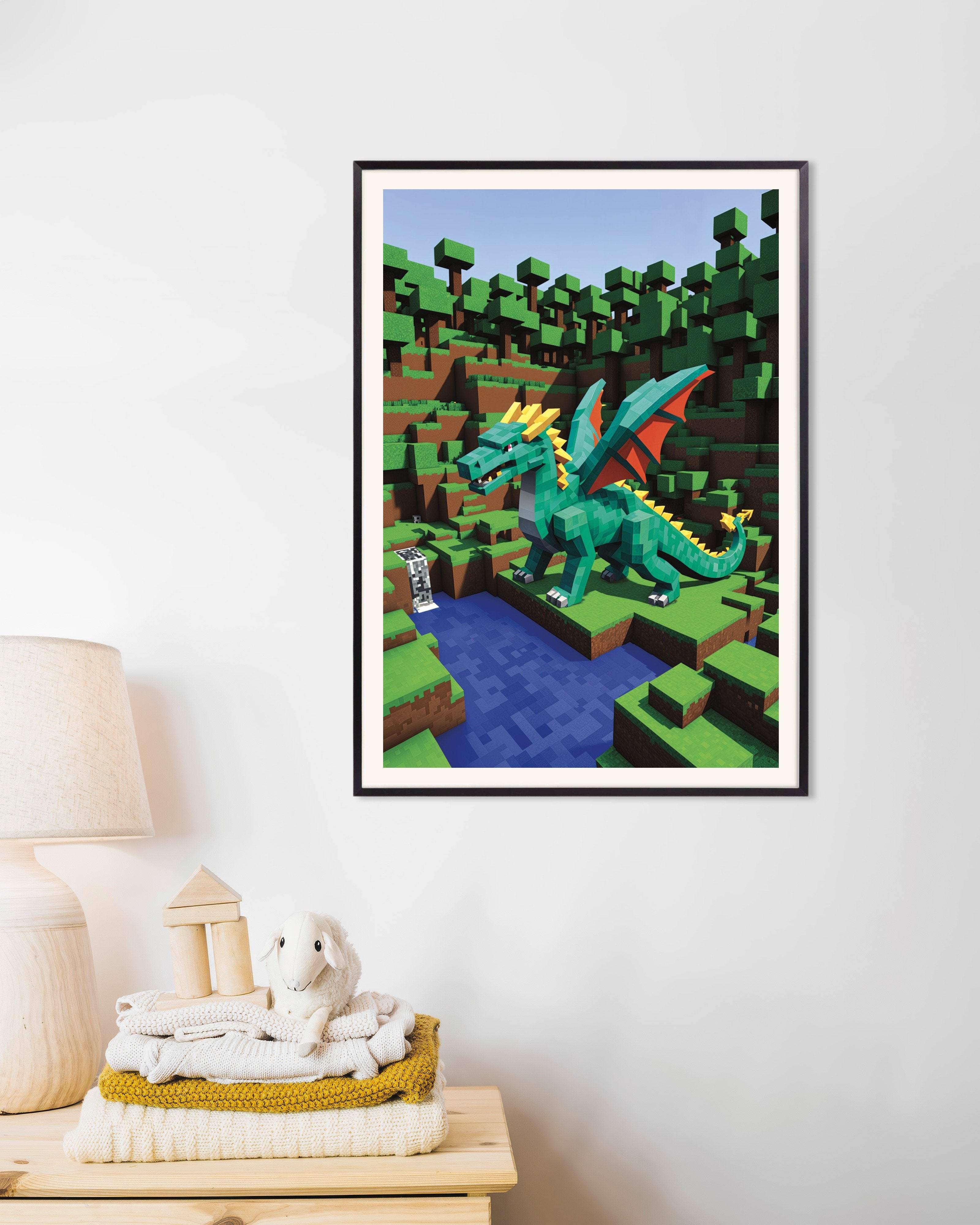 Poster of Green dragon by the waterfall, with metal frame