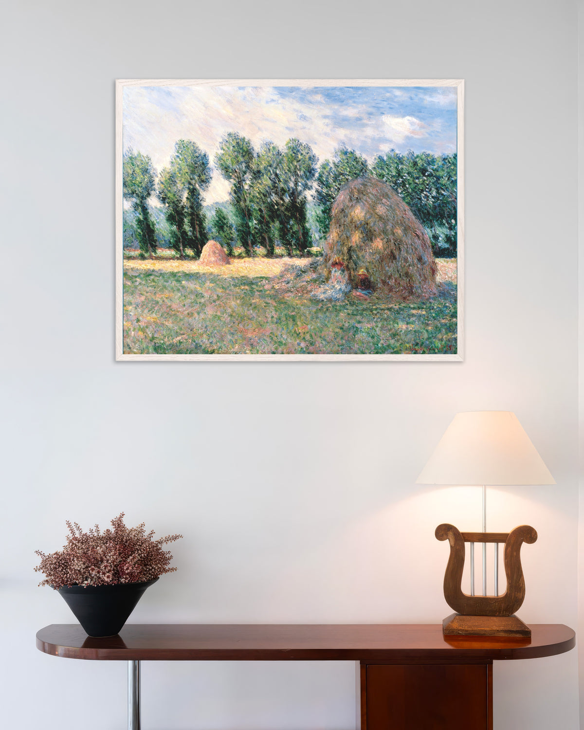 Poster Medas de Feno (1885), de Claude Monet, com moldura de madeira branca
