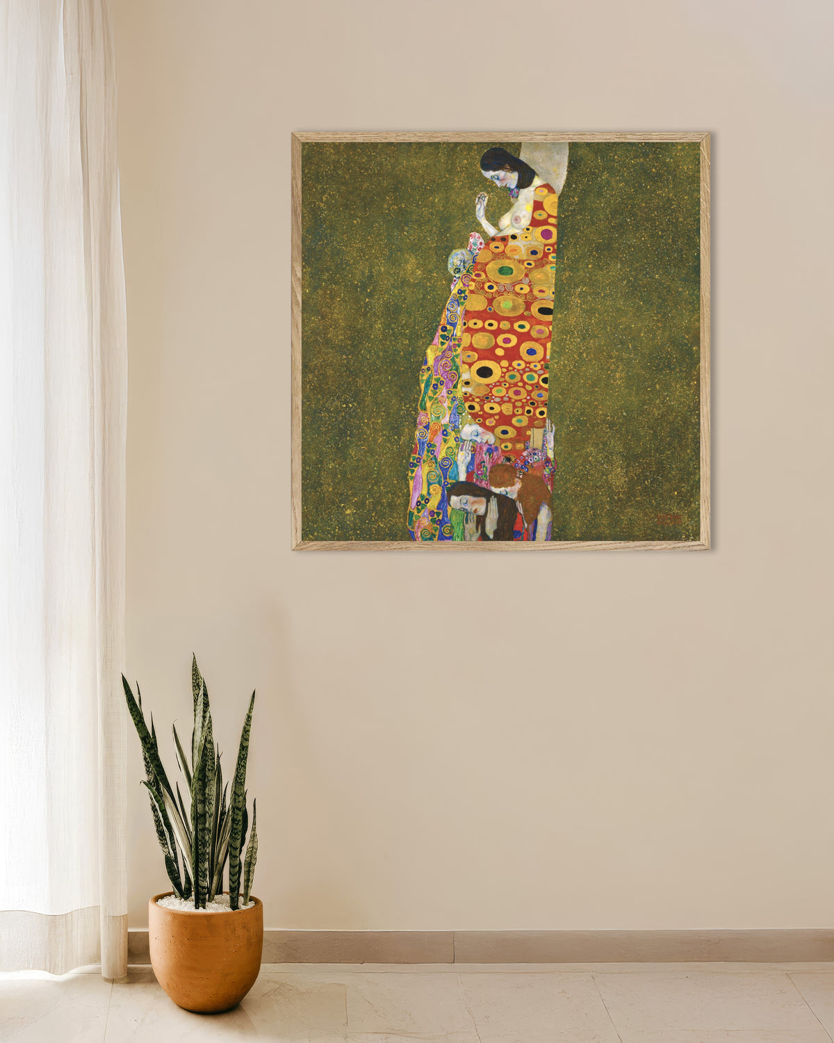 Poster A Esperança II (1907–1908), de Gustav Klimt, com moldura de madeira natural