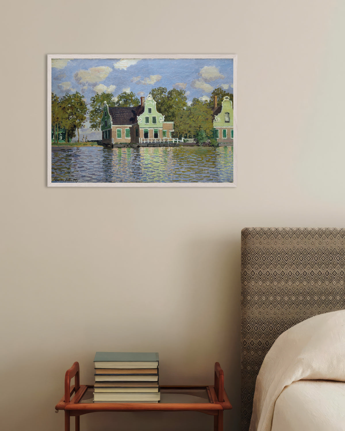 Poster Casas na Margem do Zaan (1871), de Claude Monet, com moldura de madeira branca