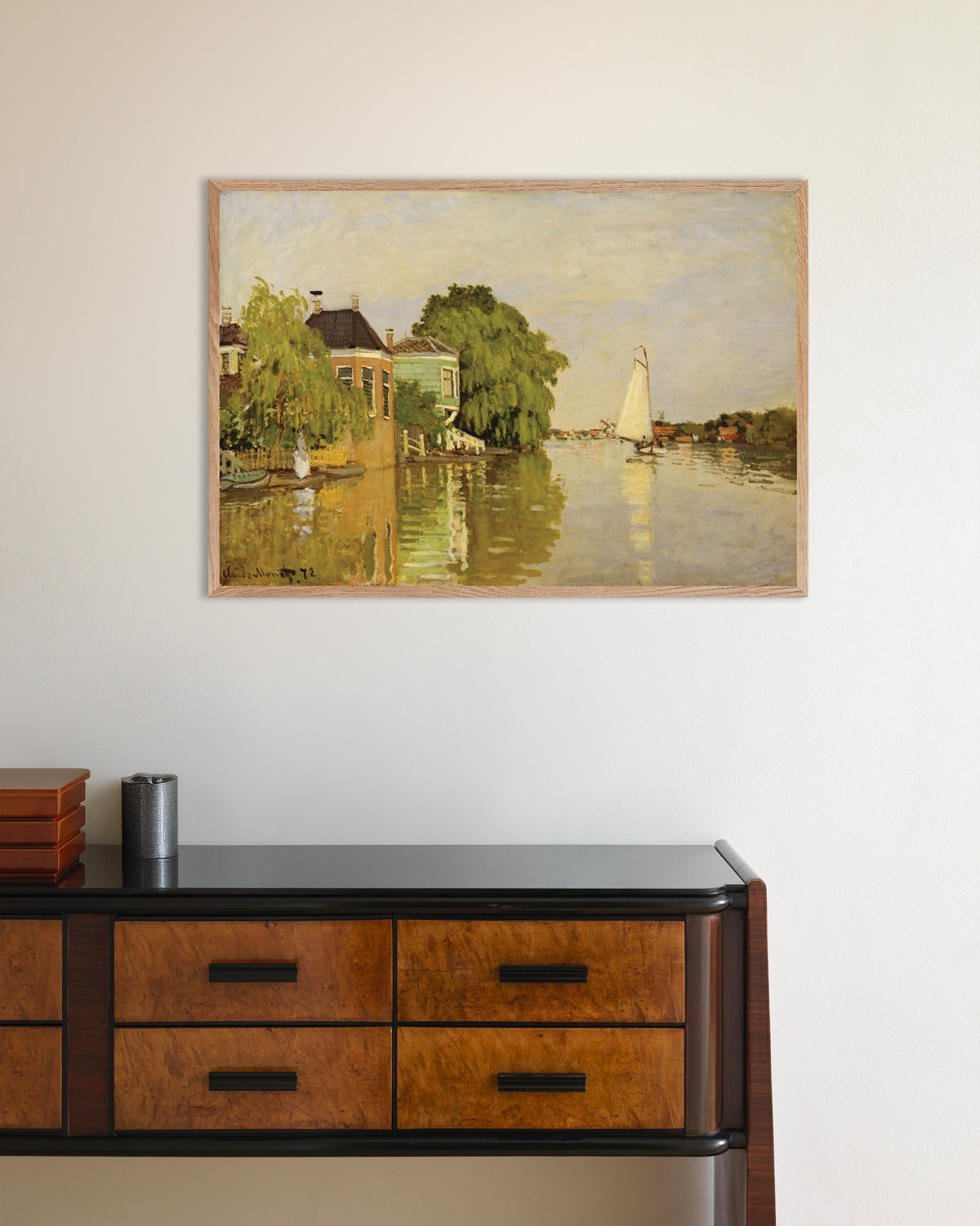 Poster Casas no Achterzaan (1871), de Claude Monet, com moldura de madeira natural