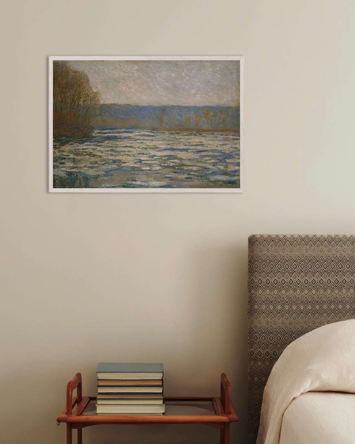 Poster Degelo no Sena perto de Bennecourt (1893), de Claude Monet, com moldura de madeira branca
